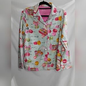 Nick & Nora Pajama Top JE T'AIME MACARONS MACAROONS Aqua Cotton Flannel Size Med